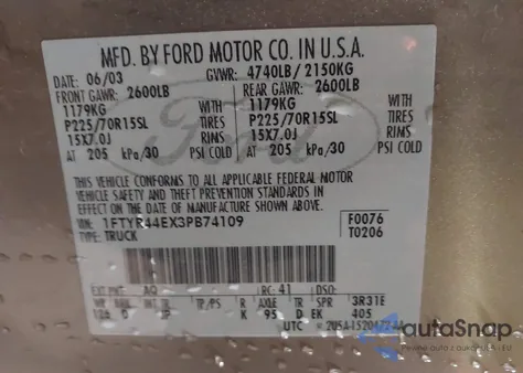 2003 Ford Ranger Xlt из США, поврежденный, VIN 1FTYR44EX3PB74109